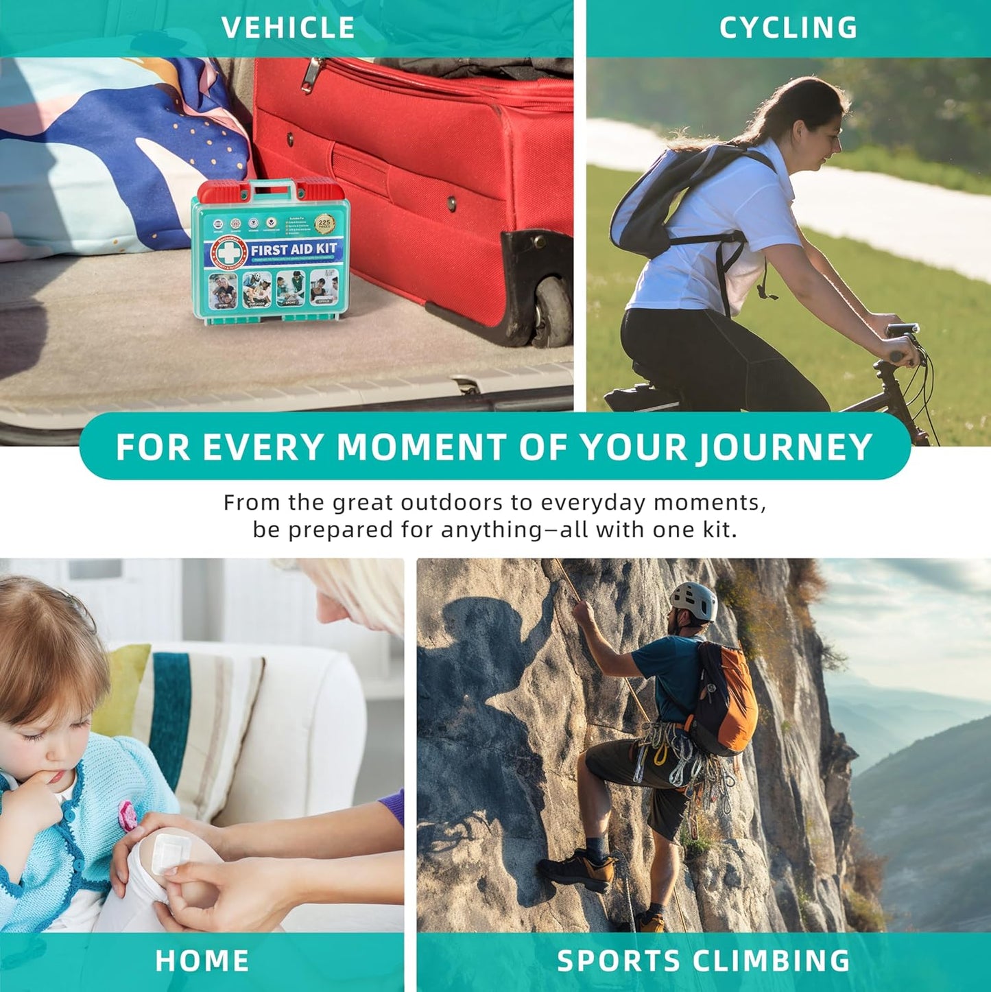 225 Pieces Portable First Aid Kit for Minor Wound Care, Includes Adhesive Bandages, Wound Gauze Pads, Ideal for Home, Car & On-The-Go