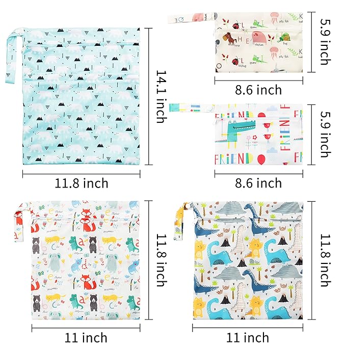 R HORSE 5Pcs Waterproof Reusable Diaper Baby Cloth Wet Dry Bags with 2 Zippered Pockets Travel Beach Pool Bag with Polar Bear Dinosaur Animal Alphabet Crocodile Pattern (3 Sizes)
