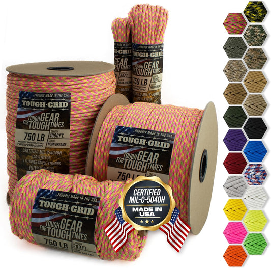 TOUGH-GRID 750 Paracord Rope Nylon Parachute Cord, Made in USA Survival Kit, Outdoor Adventures, Camping, Tactical Gear & Emergency Supplies, Military Type IV Mil-Spec