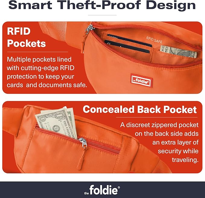 The Foldie Foldable Crossbody Bags for Women & Men - Anti-Theft RFID-Safe Fanny Pack with Smart Lockable Zippers and Cut-Resistant Strap - Lightweight Waist Pack for Travel & Everyday Use - Orange