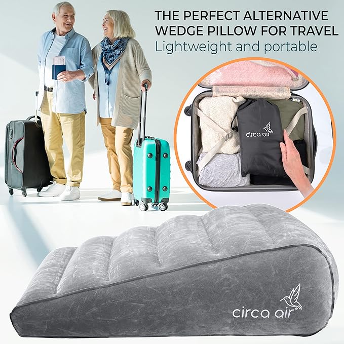 Circa Air Inflatable Wedge Pillow for Traveling - Travel Wedge Pillows for Sleeping in Bed, Acid Reflux, Sleep Apnea, Snoring for Back, Knee, Leg Elevation and Side Sleepers, Blow up Cushion