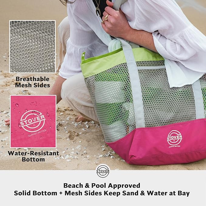 STOVER Extra Large Mesh Beach Bag, Vacation, Pool, Shopping & Travel Tote - Foldable w/Storage Pouch & Pockets for Women, Men