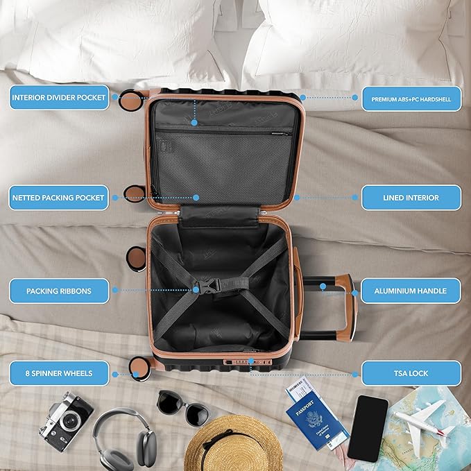Flight Knight Carry On Suitcase 16.25x13.5x8 Hardside TSA Lock USB Port Lightweight Luggage Silent Double Spinner Wheels Maximum Underseat Carry-On Bag For Virgin South West Approved Black/Tan