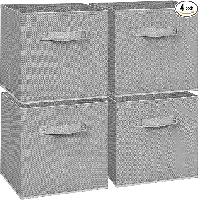 11 Inch Fabric Storage Cubes, Sturdy Foldable Storage Bins, Heavy Duty Cube Organizer for Clothes, Blankets, Shelves, Closets, Bedroom, Living Room, Gray, 4 Pack