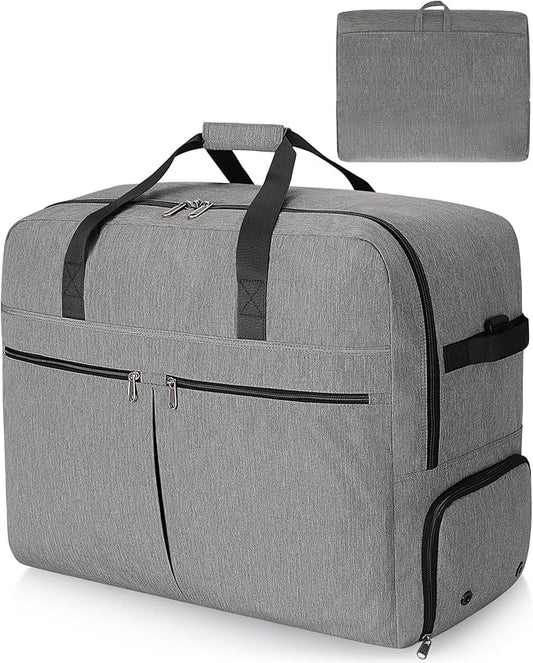 100L Foldable Large Travel Duffle Bag for Men and Women, Packable Duffel Bags with Shoe Compartment, Water Repellent & Tear Resistant (Gray)