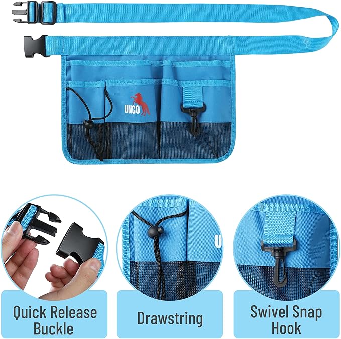 UNCO- Adjustable Gardening Belt, Blue, 5 Pockets, Wear, Cut and Water Resistant, Garden Tool Belt Pouch, Waist Apron with Pockets