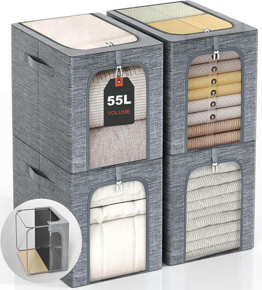 GoMaihe Clothes Storage Bins Metal Frame: 55L Extra Large Stackable Closet Storage Bin with Lid & Clear Window, Heavy Duty Blanket Box for Winter Coats Comforters (Fits Deep Closet 4-Pack)