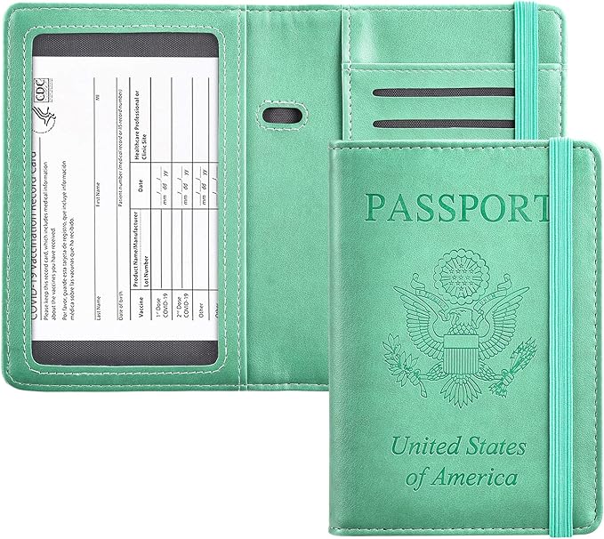 HerriaT Passport and Vaccine Card Holder Combo,Cover Case with CDC Vaccination Card Slot, Leather Travel Documents Organizer Protector, with RFID Blocking, for Women and Men