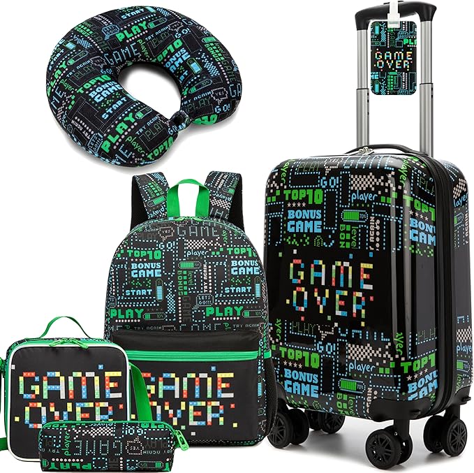 Kid's Luggage Set 5 Piece Suitcase Set 16" Hardside Luggage with Spinner Wheels Boys Carry on Toddler Travel Rolling Luggage Airline Approved