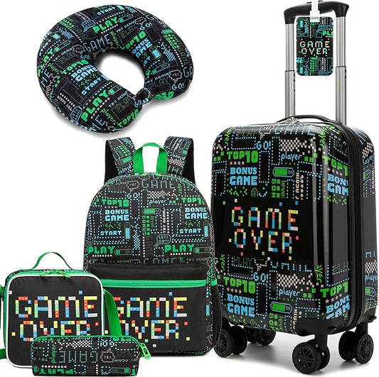 Kid's Luggage Set 5 Piece Suitcase Set 16" Hardside Luggage with Spinner Wheels Boys Carry on Toddler Travel Rolling Luggage Airline Approved