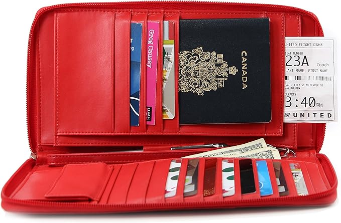 Zip-Around Passport Wallet Executive Unisex Leather Boarding Pass Holder (Red)