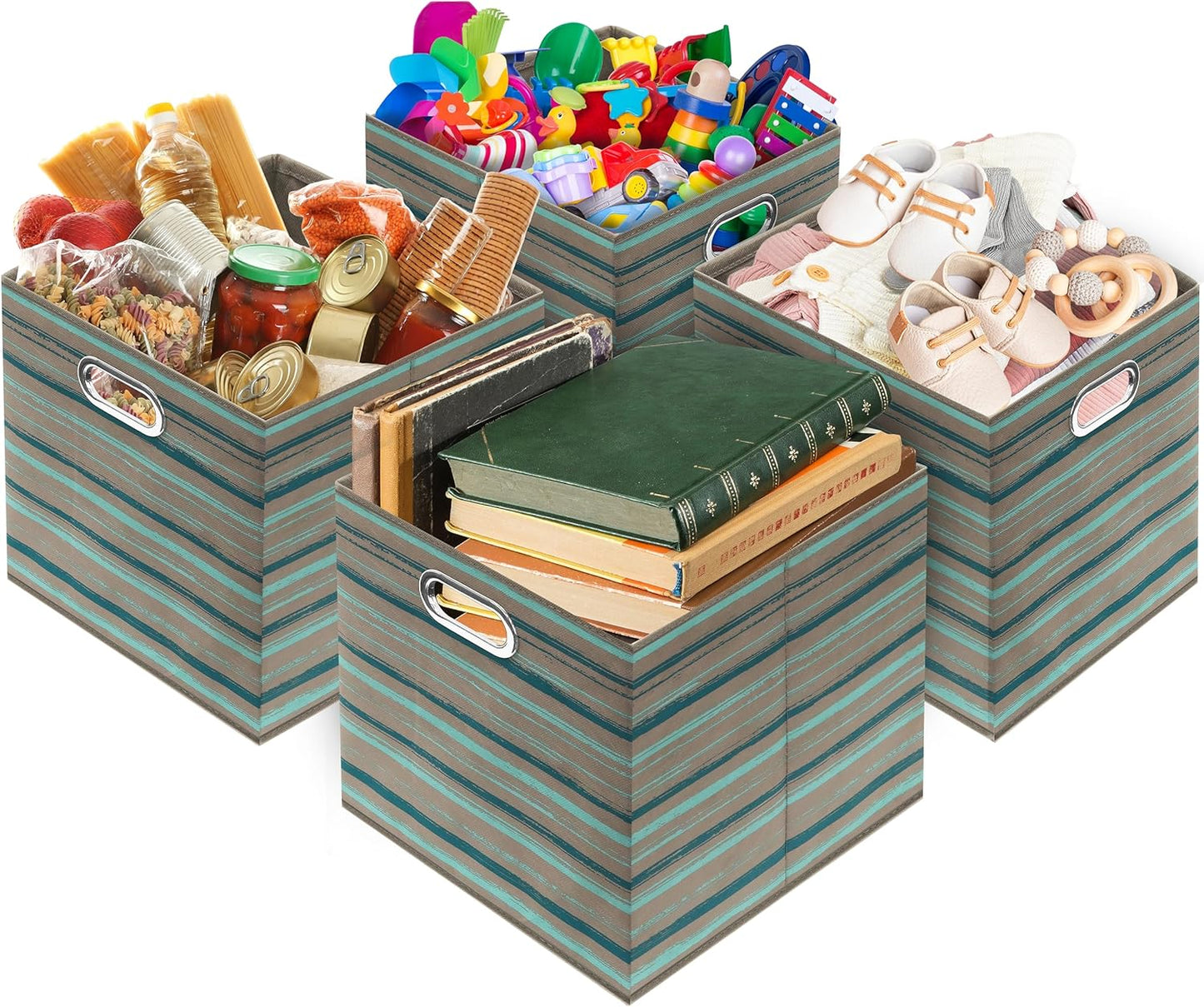 SIMPLE HOUSEWARE 13-Inch Collapsible Fabric Cube Storage Bin with Handles, Printed Design, 3 Pack, Green