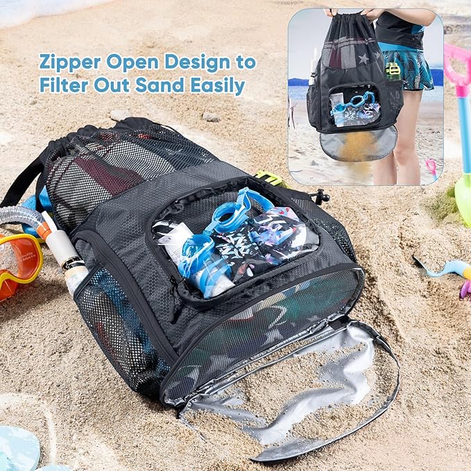 Drawstring Mesh Backpack - Beach/Pool Swim Bag with Shoe Compartment - Sandproof Wet Bag for Swimsuit - Summer Camp Essentials