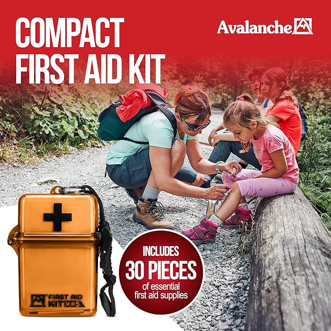 Avalanche Mini First Aid Kit, 30 Pcs Emergency Supplies Kit in Waterproof Case for Home, Car, Travel, Sports or Camping, First Aid Kit in Hard Case & Carabiner, Orange