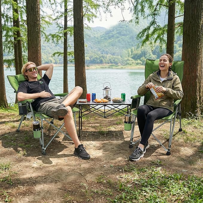 Folding Camping Chair with Cup Holder and Storage Bag, Heavy Duty Support 400 LBS, Oversized Collapsible Portable Adjustable Back Support Camping Chair for Outdoor (Adjustable-Green)