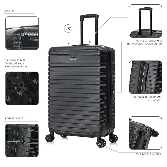 InUSA DEEP Luggage with GEL Handle | Spacious Traveling Suitcases Travel Suitcase with Dual Spinner Wheels and Studs | 28 Inch Large Hardside Luggage | Black
