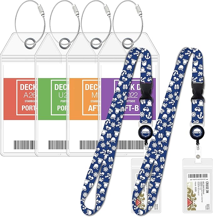Carnival Cruise Luggage Tag Holders (4 Pack) & Lanyards (2 Pack), Large, Clear & Waterproof, Cruise Essentials 2026-2027 for Ship Cards & Baggage – Durable Travel Accessories (Blue)