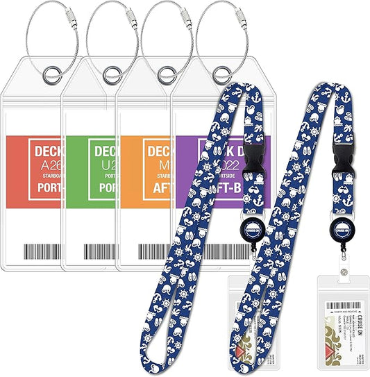 Carnival Cruise Luggage Tag Holders (4 Pack) & Lanyards (2 Pack), Large, Clear & Waterproof, Cruise Essentials 2026-2027 for Ship Cards & Baggage – Durable Travel Accessories (Blue)