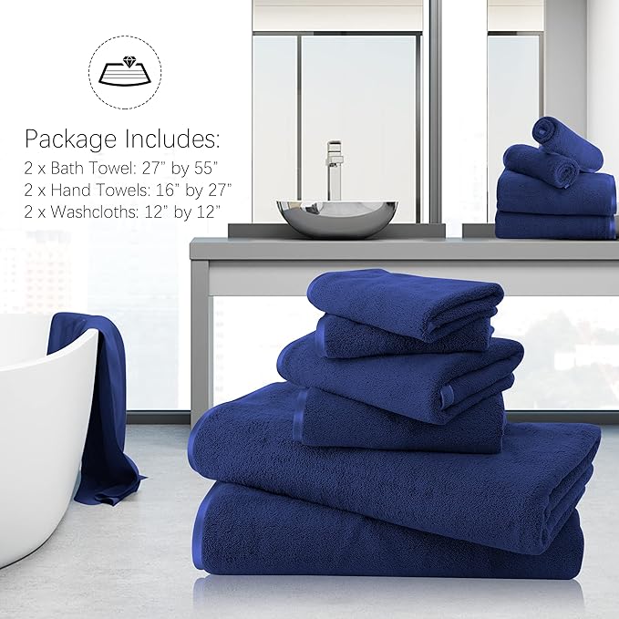 TENSTARS Luxury Silk Hemming Towel Set - Light Thin Quick Drying - 2 Bath Towels 2 Hand Towels 2 Washcloths - Ultra Soft Microfiber Towel for Bath Fitness, Sports, Yoga, Travel (Navy Blue 6 Pieces)