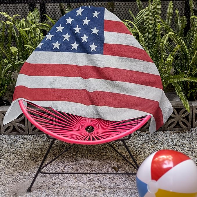 USA American Flag Beach Blanket Towel 54”x68” – 100% Cotton Velour, Highly Absorbent, Fast Drying, Easy-Pack for Spring Break, Vacation, Beach, Pool, or Sunbathing, Lightweight, Compact