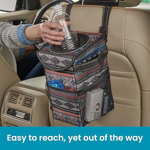 High Road StashAway Heavy Duty Car Trash Can with Rubber Lid, 3 Storage Pockets and Sturdy Panels for Stable Floor or Hanging Seatback Use (Southwest)