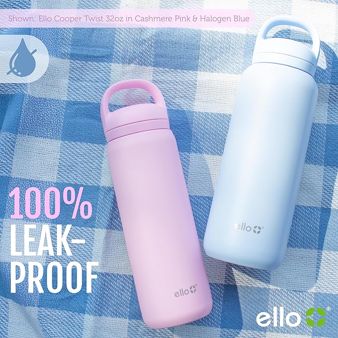 Ello Cooper Twist 32oz Stainless Steel Water Bottle with Chug Lid | Leak Proof | Double Walled and Vacuum Insulated | Built in Carry Loop | Dishwasher Safe | Antigua