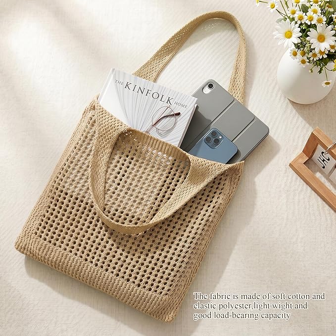 SUOSDEY Crochet Mesh Beach Tote Bag, Knit Summer Vacation Aesthetic Boho Tote Bag for Women