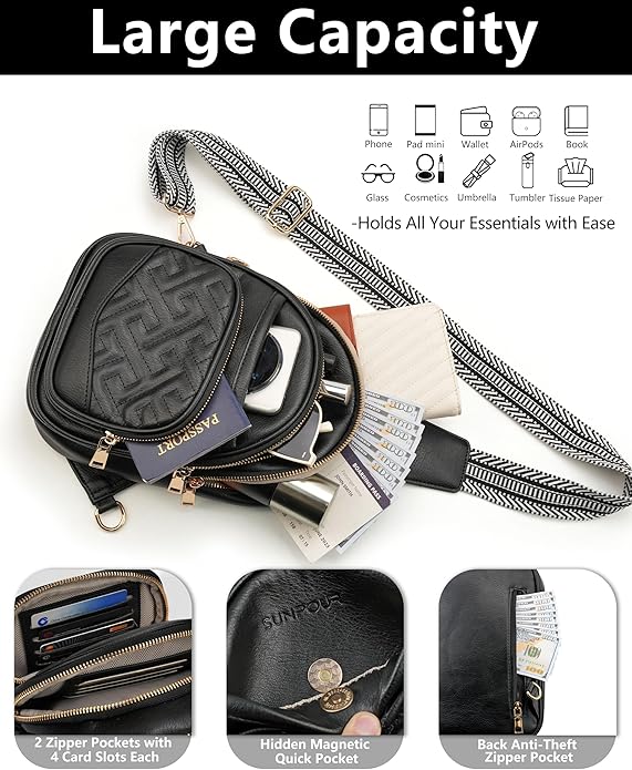 Anti Theft Crossbody Bags for Women, RFID Vegan Leather Sling Purse, Travel Chest Bag & Fanny Pack