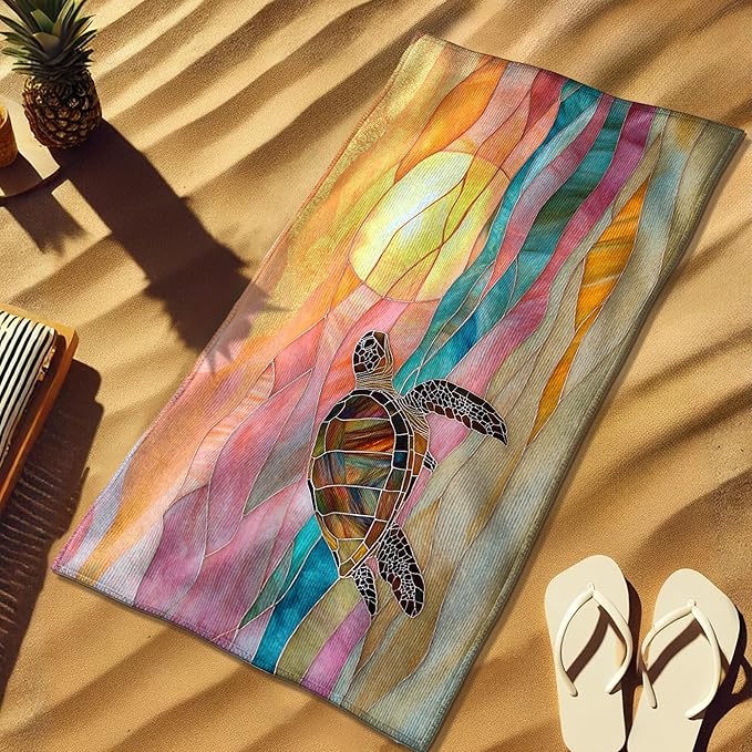 Colorful Turtle Beach Towel Pastel Waves Summer Travel Towel, Quick Dry Absorbent Lightweight Sand Free Pool Blanket, Outdoor Vacation Essentials 70x35 Inch