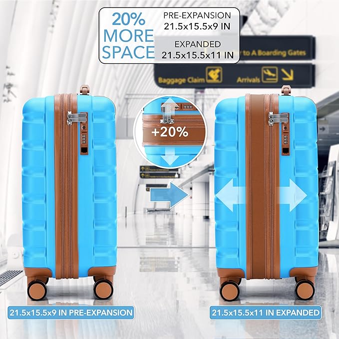 Flight Knight 21.5x15.5x9 Expandable Carry On Suitcase Hardside TSA Lock & USB C Port Lightweight Luggage Silent Double Spinner Wheels Maximum Canada Air Overhead Bag Airlines Approved Turquoise