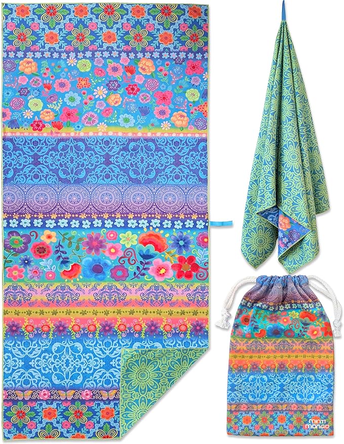 Microfiber Beach Towel Oversized 71X32" Thin, Large, Reversible, Lightweight, Quick Dry, Sand Free, Absorbent, Swim, Pool, Cruise, Compact Travel Towel, Camping, Beach Blanket, Carry Bag, Boho, Flower