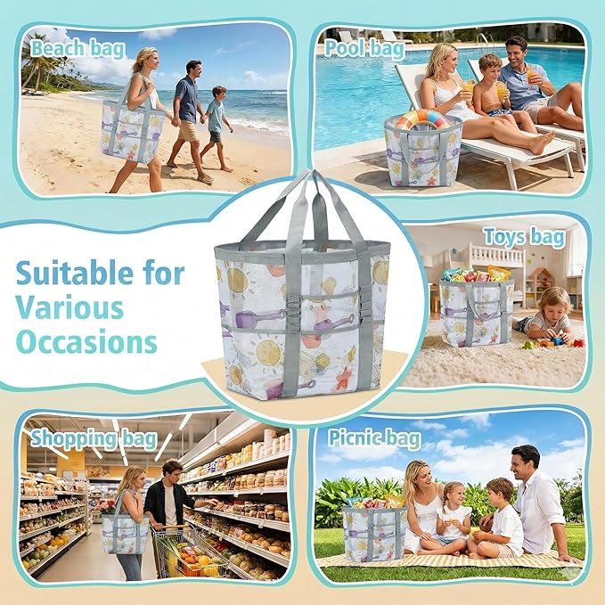 Mesh Beach Bags for Women - Family Beach Tote Bag for Toys, Towels, Travel Vacation Cruise Essentials