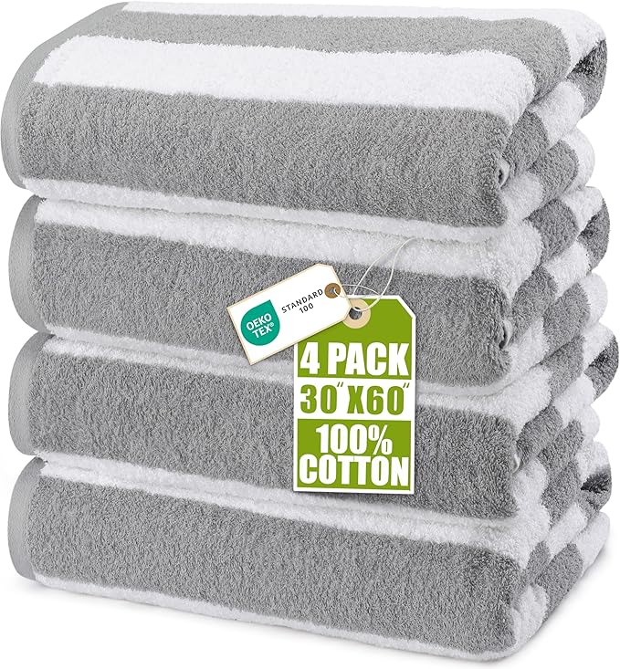 Utopia Towels 4 Pack Cabana Stripe Beach Towel, 30 by 60 Inches, Oversized 100% Ring Spun Cotton Pool Towels, Highly Absorbent Quick Dry Bath Towels for Beach, and Swim, Grey