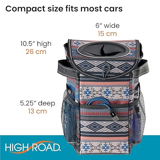 High Road StashAway Heavy Duty Car Trash Can with Rubber Lid, 3 Storage Pockets and Sturdy Panels for Stable Floor or Hanging Seatback Use (Southwest)