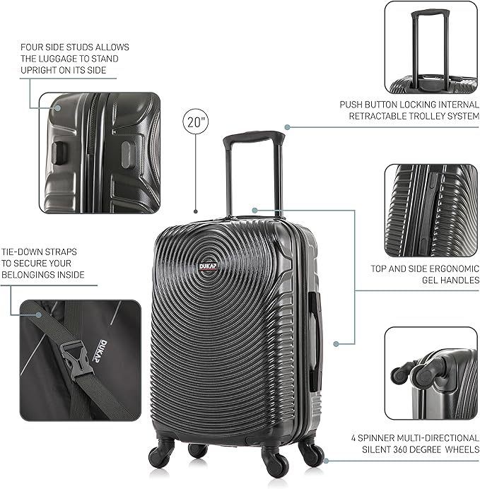 DUKAP INCEPTION Luggage with Spinner Wheels | Durable Lightweight Hardshell Suitcase, Travel Bag with Handle and Trolley, 20-Inch Carry On Small Luggage | Black