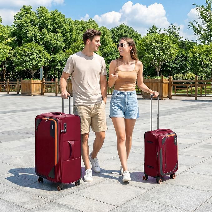 2-Piece Set (22in/32)Softside Expandable 20% Luggage w/TSA LOCK,Front Opening Softside Luggage Sets w/Spinner Wheels,Lightweight Travel Luggage Rolling Suitcase for Men/Women（Burgundy,22in/32in）