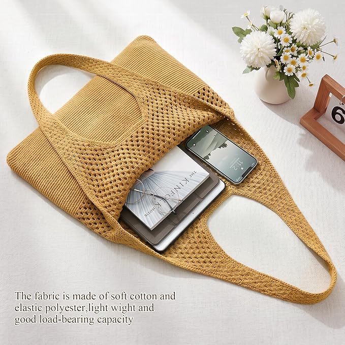 SUOSDEY Crochet Mesh Beach Tote Bag, Knit Summer Vacation Aesthetic Boho Tote Bag for Women