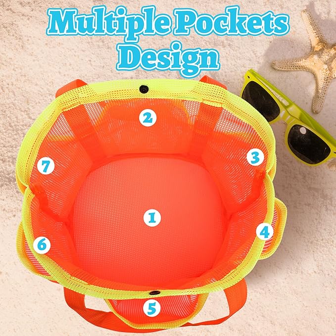 Mesh Beach Bag, Foldable Waterproof Sandproof Beach Storage Tote with 6 Pockets, Swim Tropical Vacation Pool Essential