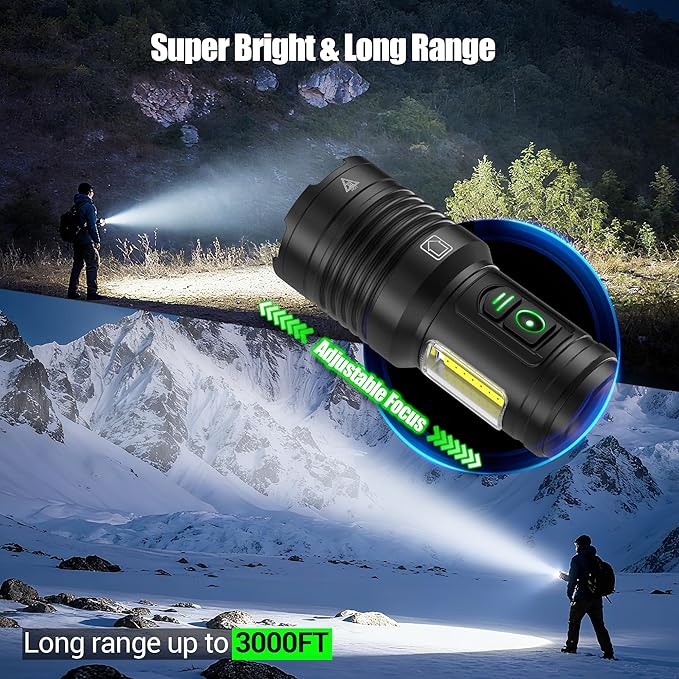 Rechargeable Flashlights High Lumens 100000 with Side Light - 2 Pack, Super Bright 30W LED, Dual Source Light Buttons, Long Lasting 15H, Quick USB C Charge, Handheld 6.81” Length, for Hiking Home Gift