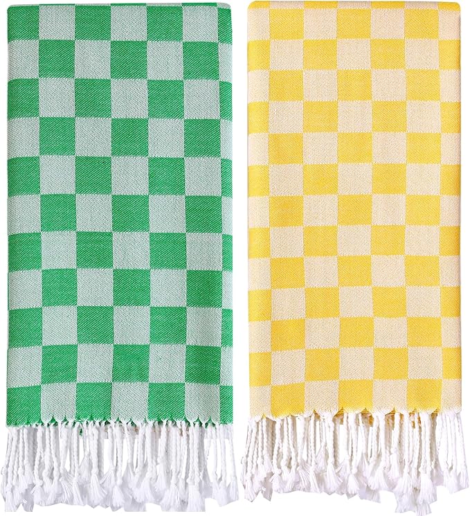 2 Packs Checkered Plaid Turkish Beach Towel Beach Blanket Sandproof Fast Drying Extra Large Match Tote Bag Lounge Chair Umbrella Tent Dress Toy Canopy Outfits Cart Sandal Shoes Games Shirts Pants