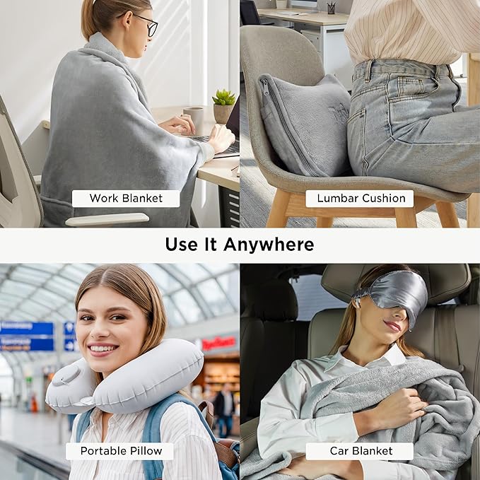 Bedsure Travel Blanket and Pillow Set with Inflatable Neck Pillows, Eye Mask and Storage Bag, Lightweight 3-in-1 Airplane Packable Blanket, Compact Travel Essentials, Grey