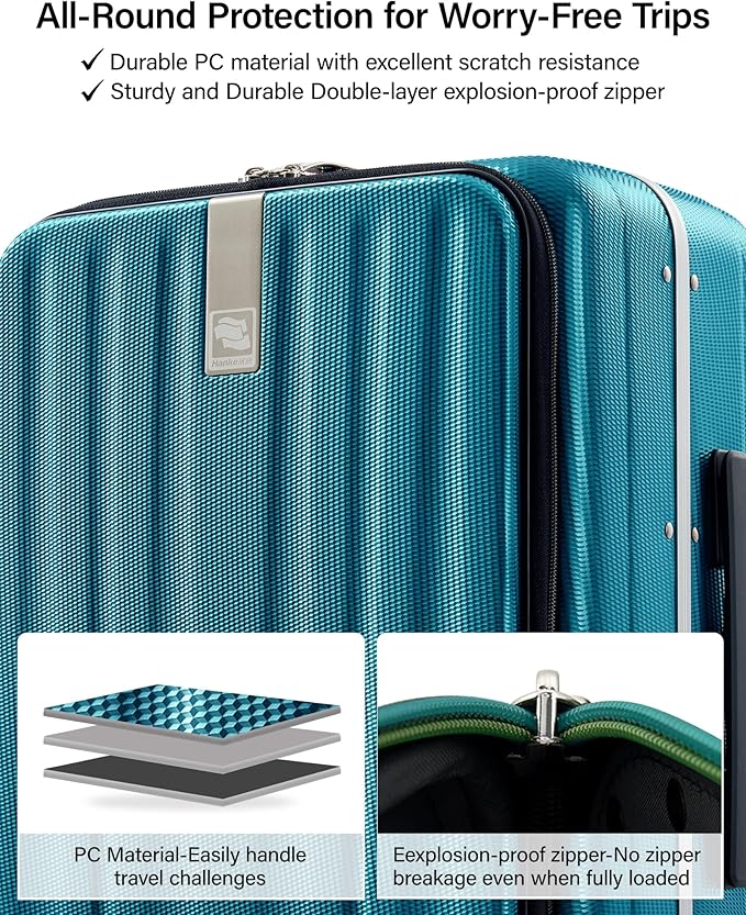 Hanke 24 Inch Checked Luggage Hard Shell Top Opening Aluminum Frame Hardside Medium Suitcase with Spinner Wheels, Durable Rolling Luggage for Men & Women Travel, Caribbean Blue