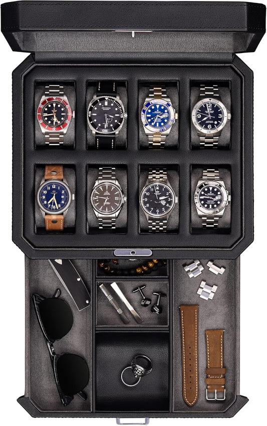 ROTHWELL 8 Slot Leather Watch Box with Valet Drawer - Luxury Case Display Jewelry Organizer, Locking Display Case Holder, Real Glass Top - Watch Box Organizer for Men & Women (Black/Grey)