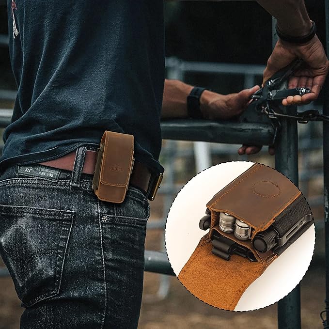 Leather EDC Multitool Sheath with Flip Closure | Leather EDC Belt Organizer | Flashlight Holster | Heavy Duty Multitool Organizer