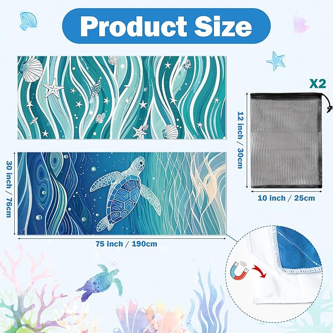 2 Pack Magnetic Beach Towel- 75"x30" Sea Turtle Wave Sand Free Quick Dry Microfiber Towel with Built-in Magnets Lightweight for Beach Chair Car Door Pool Travel Camping Yoga with Storage Bag