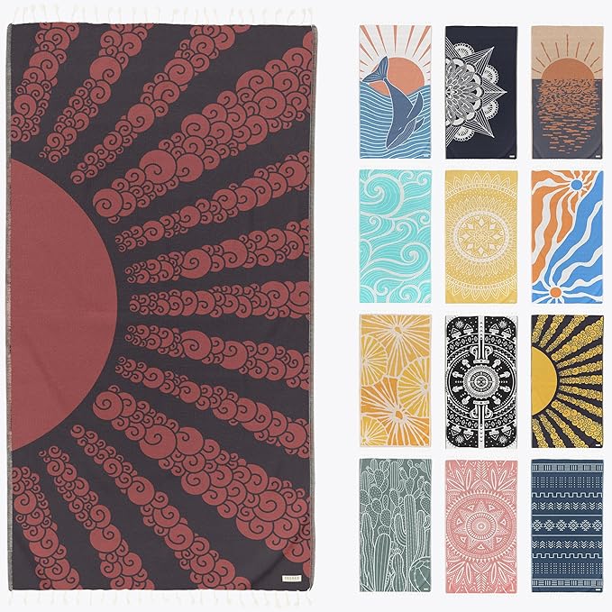 FESHKA Sand Free Turkish Beach Towel (37 x 67) Quick Dry Bath Towel, Oversized Beach Blanket, Lightweight for Travel - Made with 100% Organic Turkish Cotton - Golden Hour (Maroon/Dark Navy)