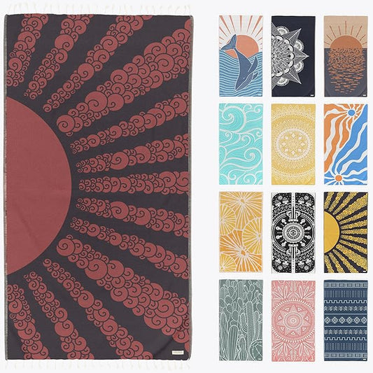 FESHKA Sand Free Turkish Beach Towel (37 x 67) Quick Dry Bath Towel, Oversized Beach Blanket, Lightweight for Travel - Made with 100% Organic Turkish Cotton - Golden Hour (Maroon/Dark Navy)