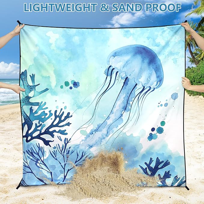Beach Blanket Waterproof Sandproof Beach Mat for 1-8 Adults Quick Drying Durable Outdoor Picnic Mat for Beach Festival Travel Camping Hiking (Jellyfish, 79"×83"(4 Person))