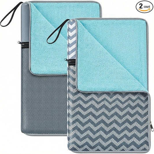 2 Pcs Wet Bags for Swimsuit, Embedded Towel Wet Dry Bag with 2 Zipper Pockets, Reusable Waterproof Leakproof Dirty Clothes Bag for Beach, Pool, Travel, Dirty Yoga Gym Clothes, Diaper, Gray