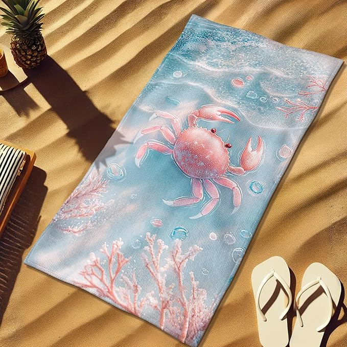 Ocean Blue Crab Microfiber Beach Towel, Quick Dry Sand Free Lightweight Bath Towel, Travel Essentials for Pool Picnic Camping Outdoor 62x31 Inch